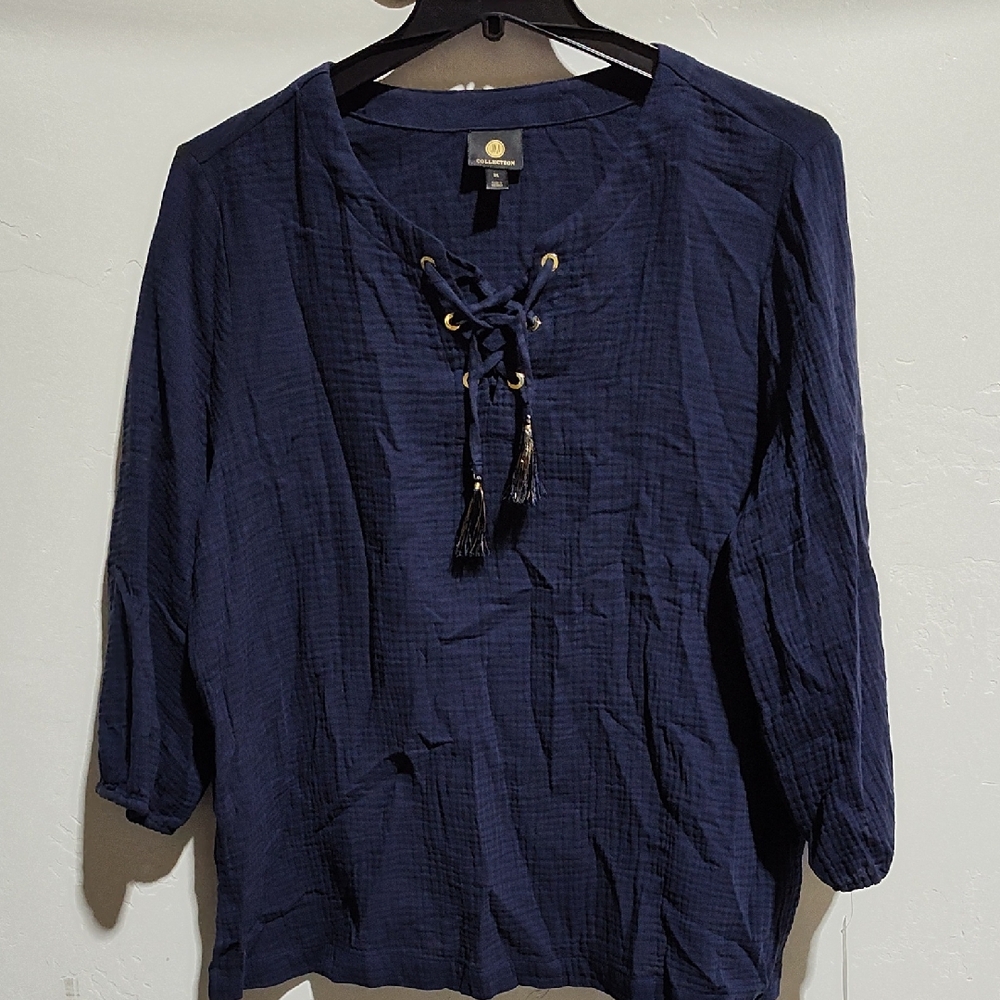 JM Collection Navy Blouse with Lace-Up Front, XL,New